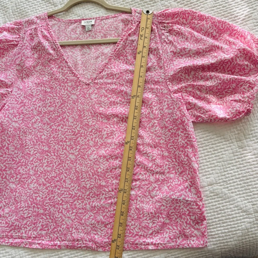 J. Crew | Cotton V-Neck Puff-Sleeve Floral Women Pink/White Blouse Large
